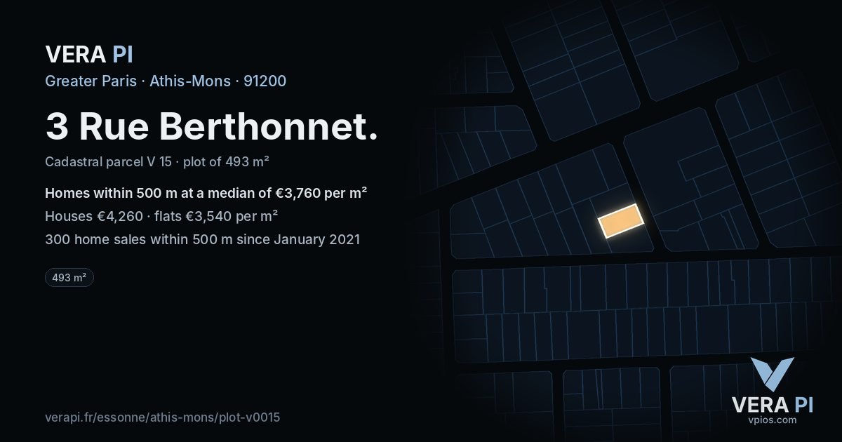 3 Rue Berthonnet, Athis-Mons at night – the plot lit, the parcels around coloured by the prices near them