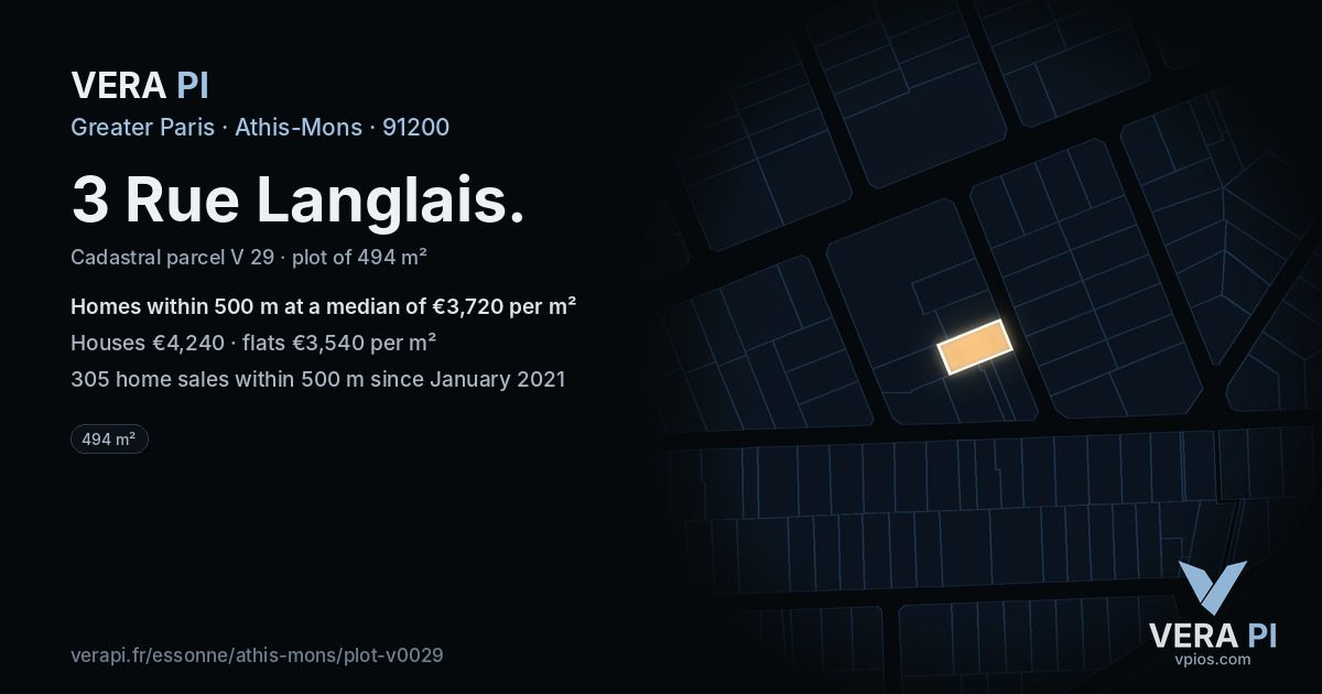 3 Rue Langlais, Athis-Mons at night – the plot lit, the parcels around coloured by the prices near them