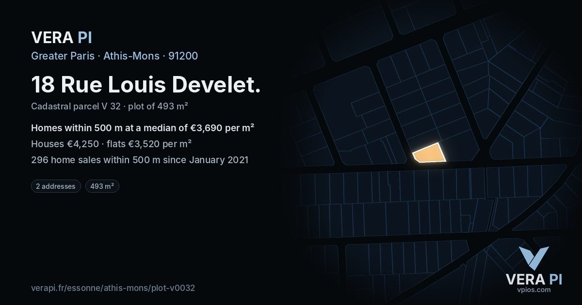18 Rue Louis Develet, Athis-Mons at night – the plot lit, the parcels around coloured by the prices near them