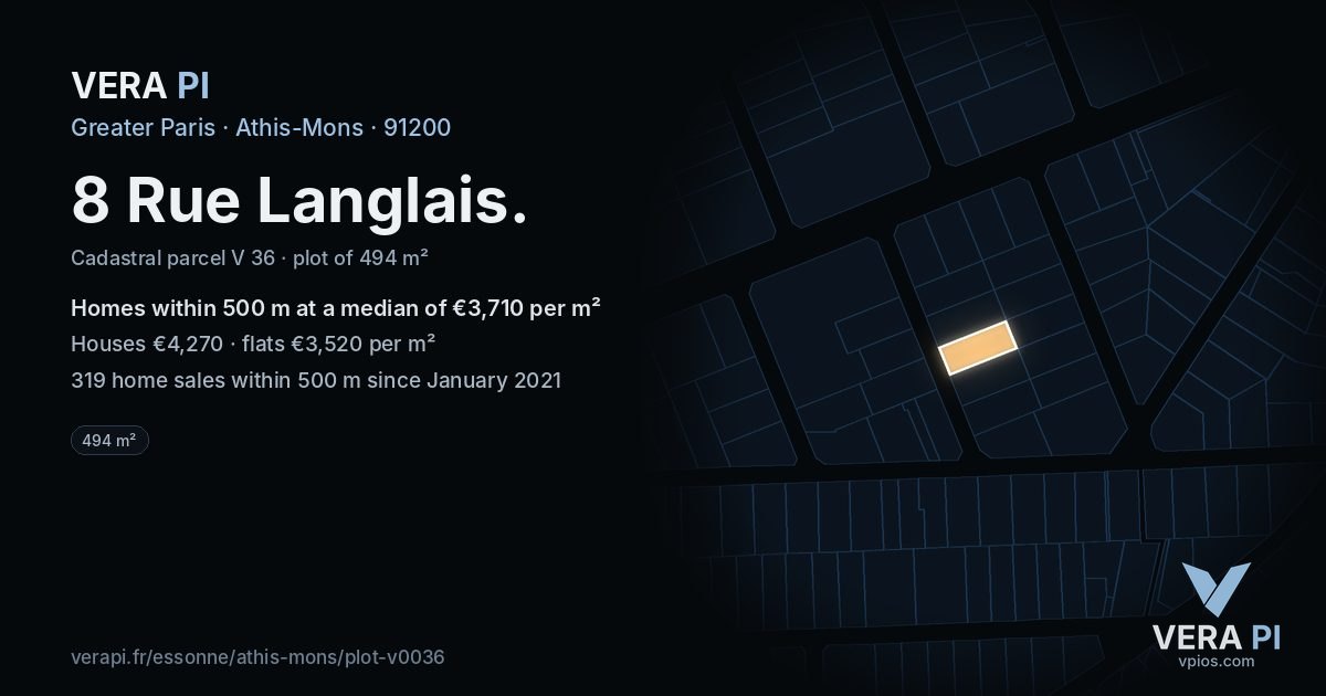 8 Rue Langlais, Athis-Mons at night – the plot lit, the parcels around coloured by the prices near them