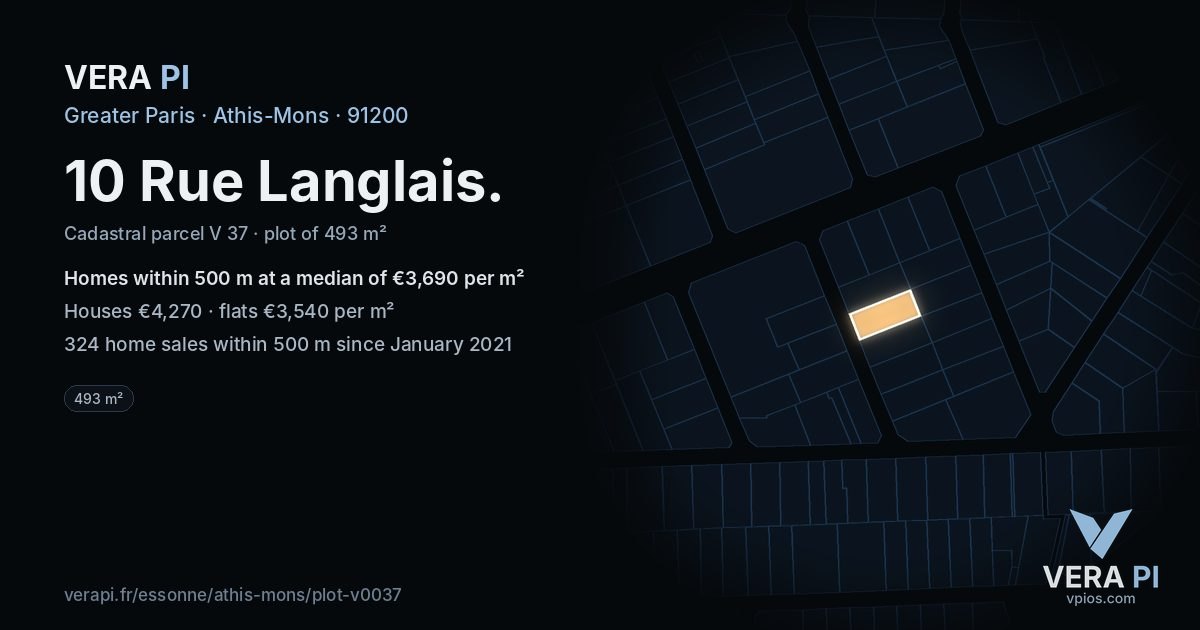 10 Rue Langlais, Athis-Mons at night – the plot lit, the parcels around coloured by the prices near them