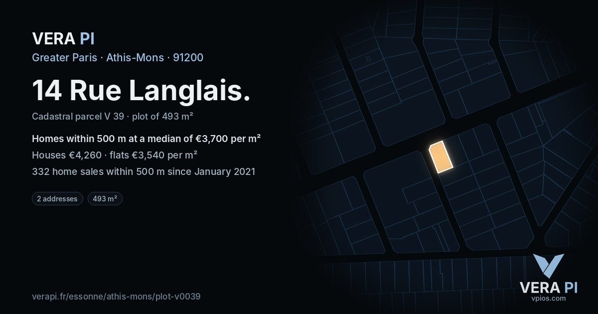 14 Rue Langlais, Athis-Mons at night – the plot lit, the parcels around coloured by the prices near them