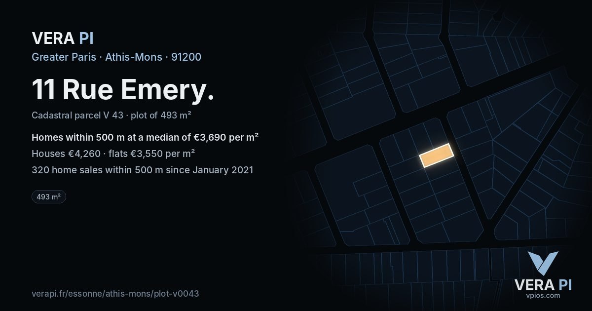 11 Rue Emery, Athis-Mons at night – the plot lit, the parcels around coloured by the prices near them
