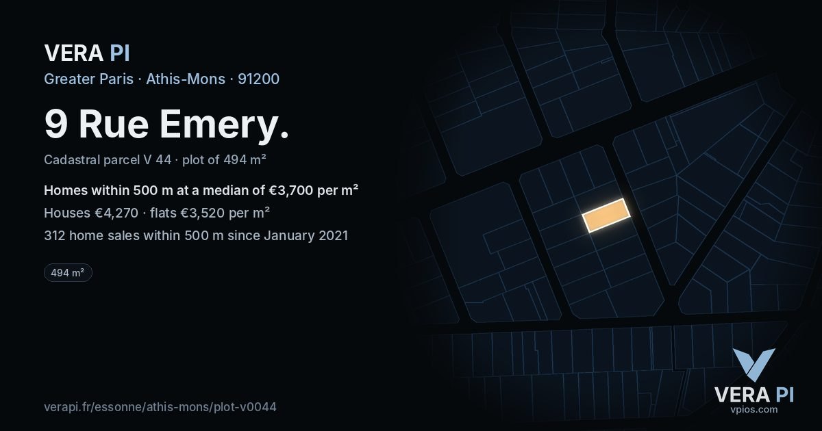 9 Rue Emery, Athis-Mons at night – the plot lit, the parcels around coloured by the prices near them