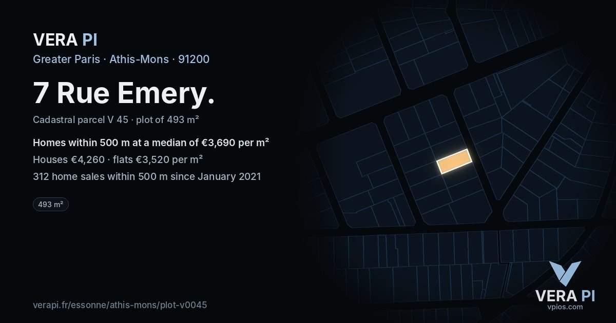 7 Rue Emery, Athis-Mons at night – the plot lit, the parcels around coloured by the prices near them