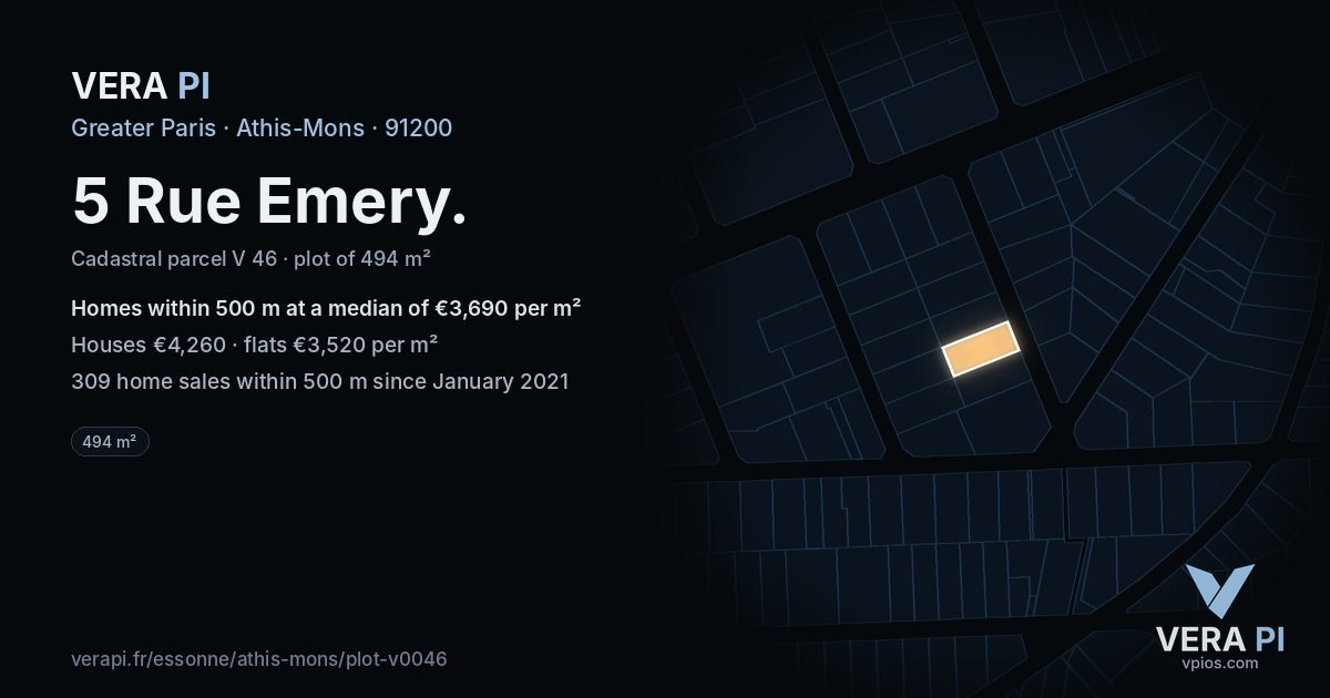5 Rue Emery, Athis-Mons at night – the plot lit, the parcels around coloured by the prices near them