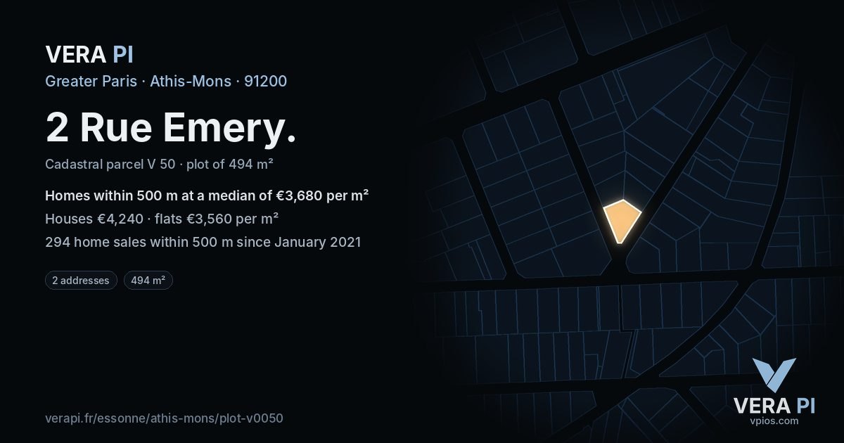 2 Rue Emery, Athis-Mons at night – the plot lit, the parcels around coloured by the prices near them