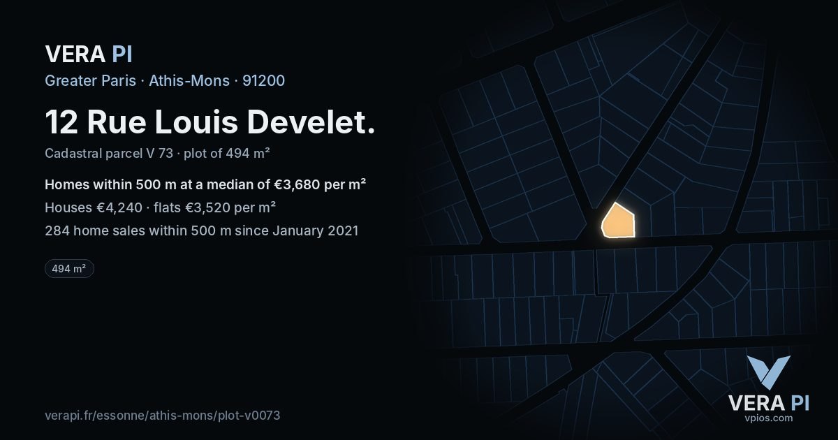12 Rue Louis Develet, Athis-Mons at night – the plot lit, the parcels around coloured by the prices near them