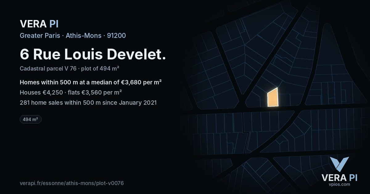 6 Rue Louis Develet, Athis-Mons at night – the plot lit, the parcels around coloured by the prices near them
