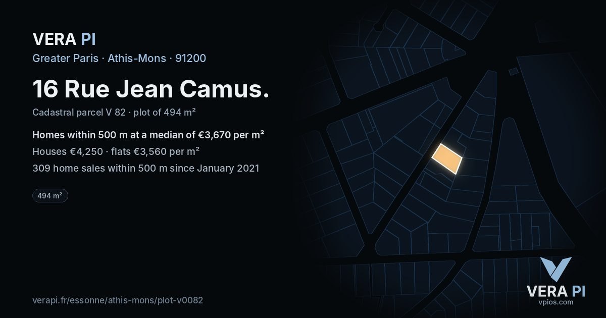 16 Rue Jean Camus, Athis-Mons at night – the plot lit, the parcels around coloured by the prices near them