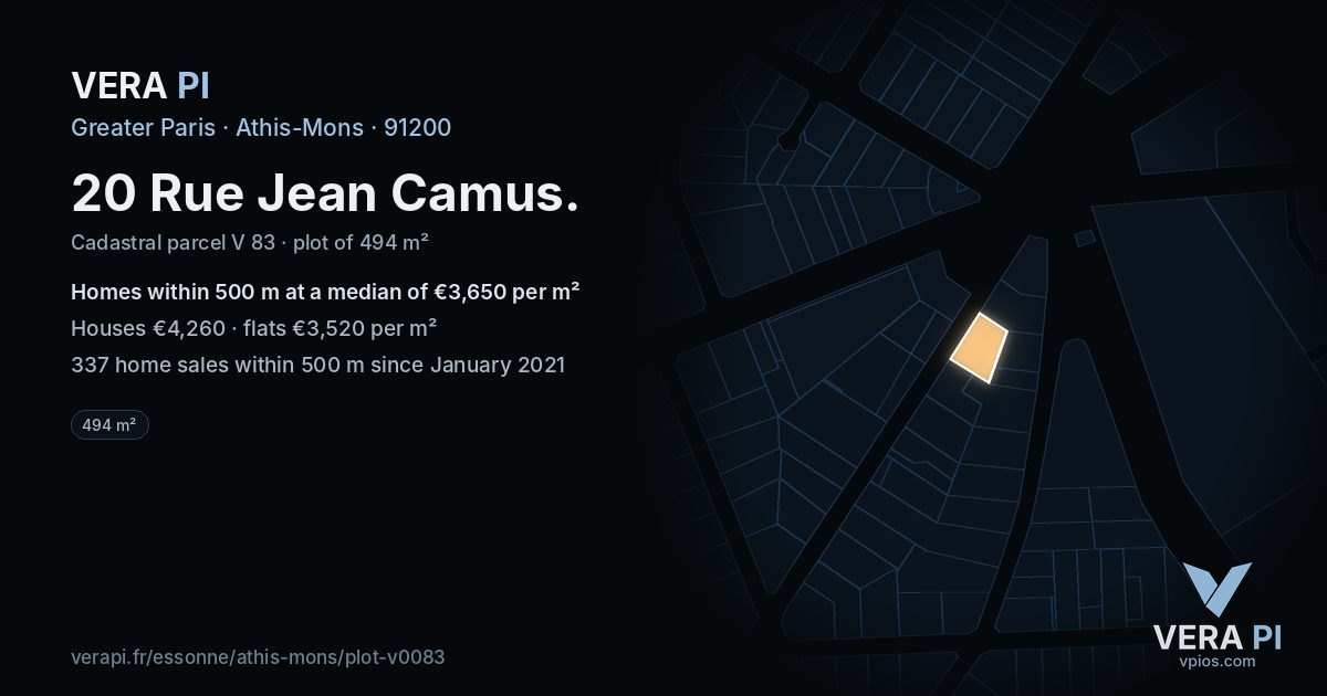 20 Rue Jean Camus, Athis-Mons at night – the plot lit, the parcels around coloured by the prices near them