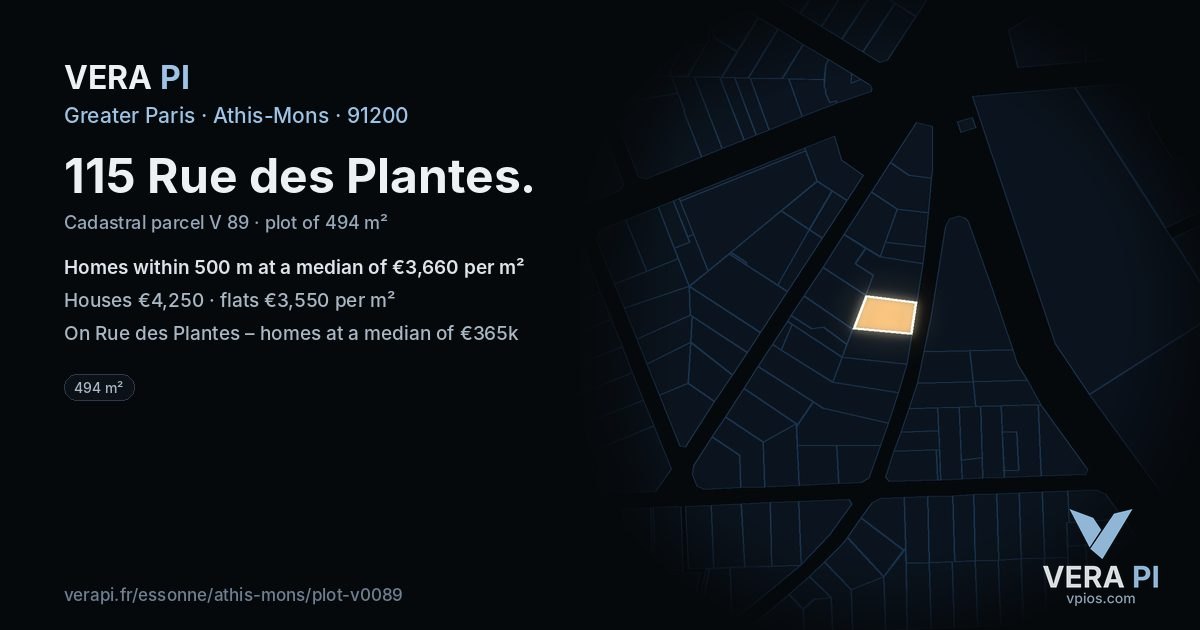 115 Rue des Plantes, Athis-Mons at night – the plot lit, the parcels around coloured by the prices near them