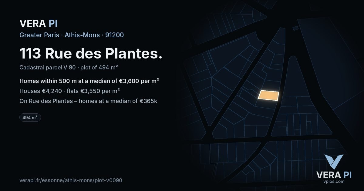 113 Rue des Plantes, Athis-Mons at night – the plot lit, the parcels around coloured by the prices near them