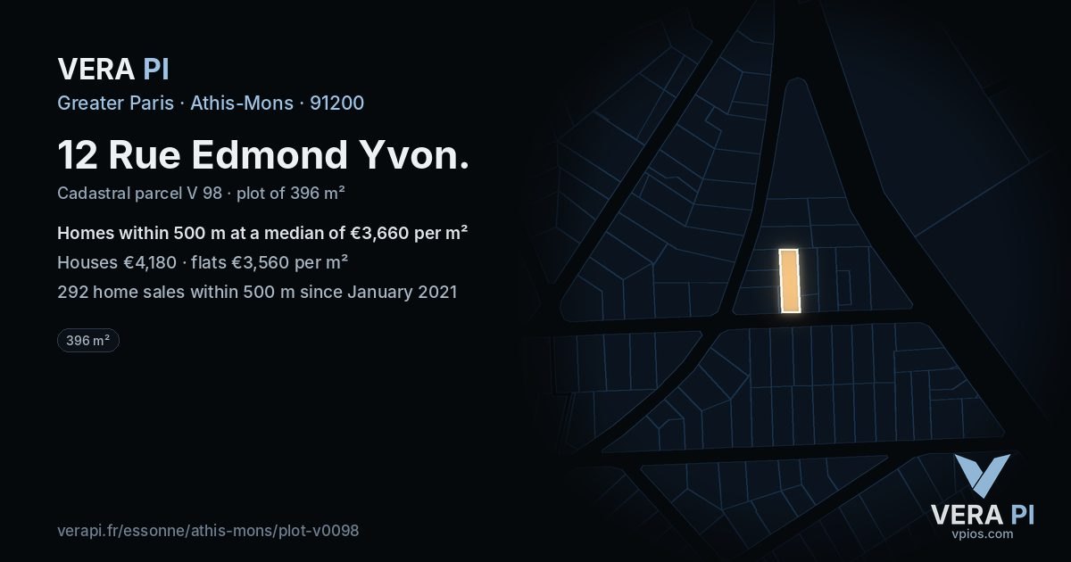 12 Rue Edmond Yvon, Athis-Mons at night – the plot lit, the parcels around coloured by the prices near them