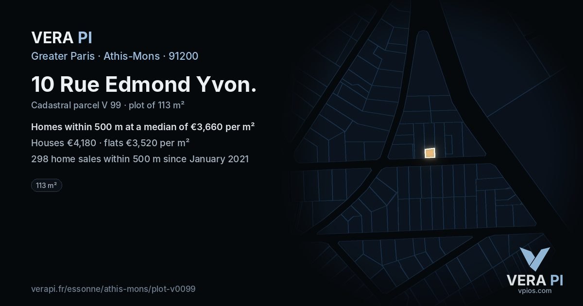 10 Rue Edmond Yvon, Athis-Mons at night – the plot lit, the parcels around coloured by the prices near them