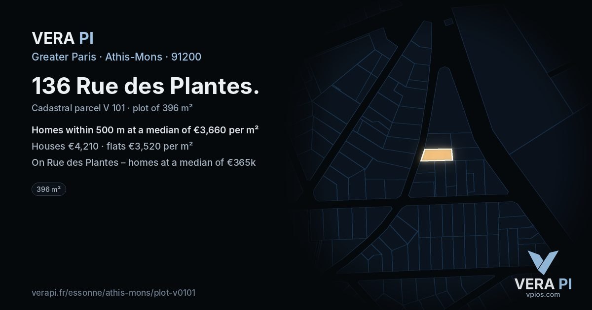 136 Rue des Plantes, Athis-Mons at night – the plot lit, the parcels around coloured by the prices near them