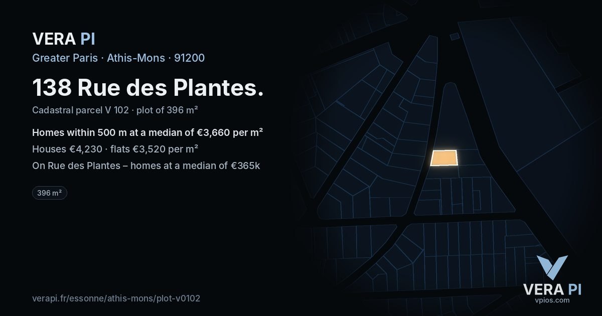 138 Rue des Plantes, Athis-Mons at night – the plot lit, the parcels around coloured by the prices near them