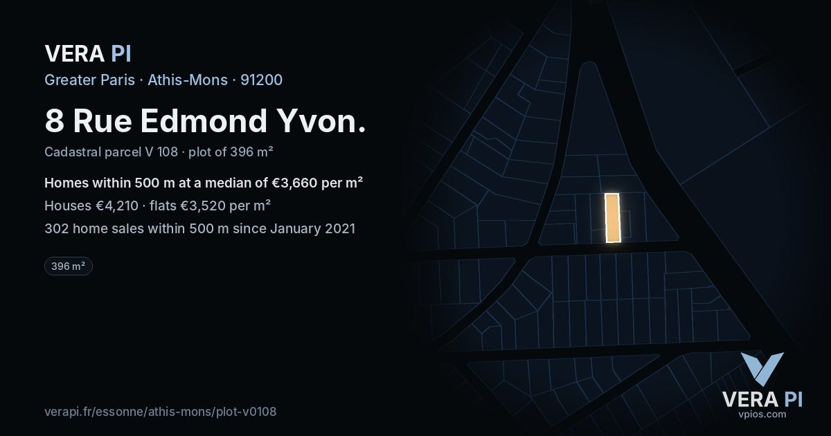 8 Rue Edmond Yvon, Athis-Mons at night – the plot lit, the parcels around coloured by the prices near them
