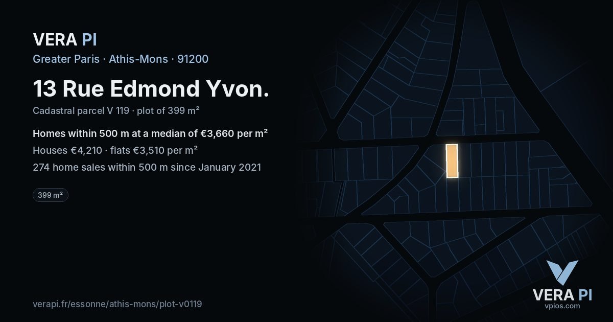 13 Rue Edmond Yvon, Athis-Mons at night – the plot lit, the parcels around coloured by the prices near them