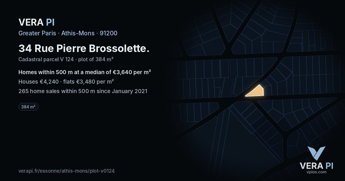 34 Rue Pierre Brossolette, Athis-Mons at night – the plot lit, the parcels around coloured by the prices near them