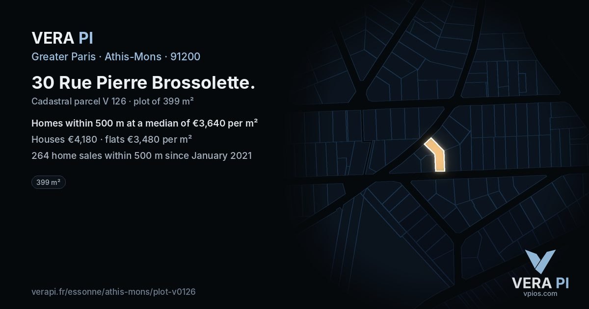 30 Rue Pierre Brossolette, Athis-Mons at night – the plot lit, the parcels around coloured by the prices near them