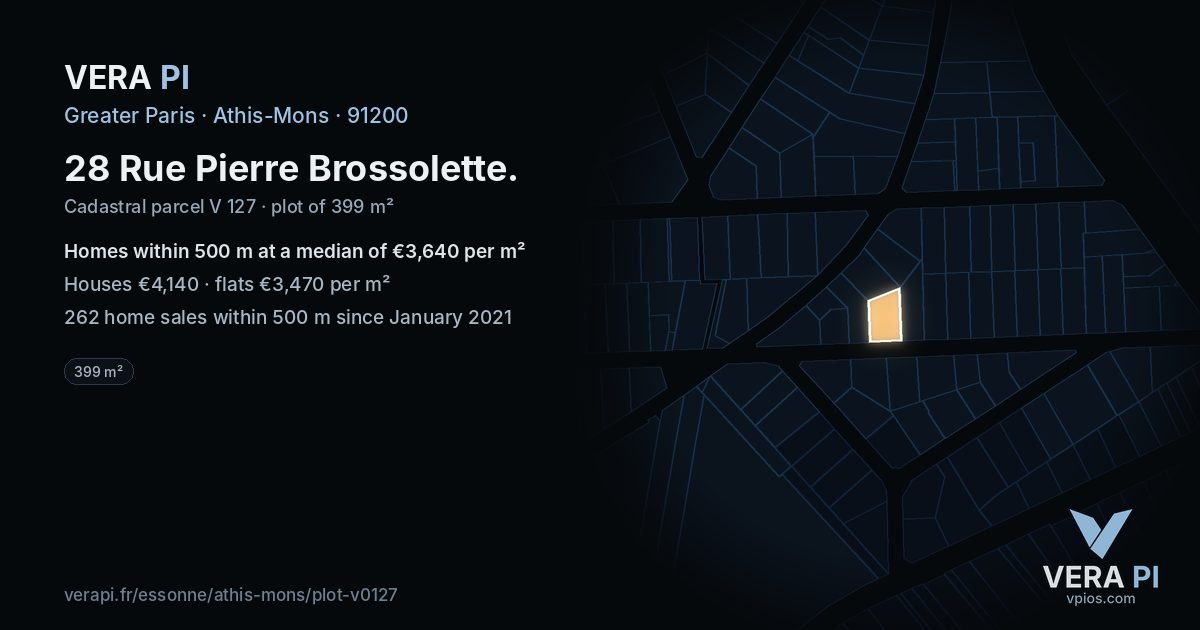 28 Rue Pierre Brossolette, Athis-Mons at night – the plot lit, the parcels around coloured by the prices near them