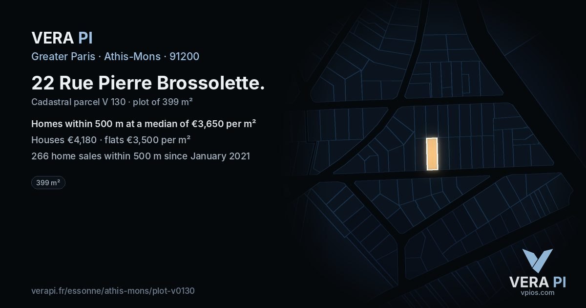 22 Rue Pierre Brossolette, Athis-Mons at night – the plot lit, the parcels around coloured by the prices near them