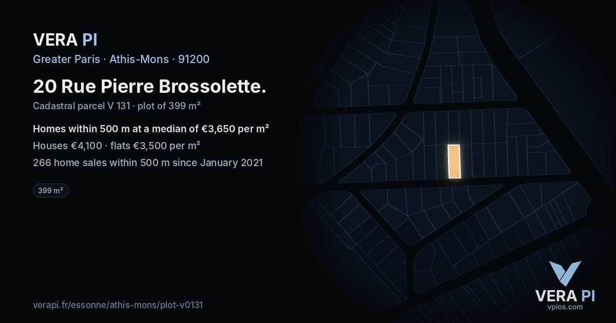 20 Rue Pierre Brossolette, Athis-Mons at night – the plot lit, the parcels around coloured by the prices near them