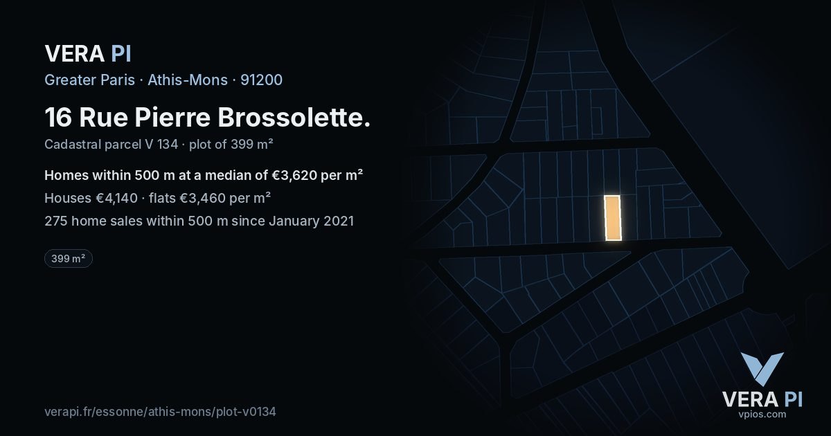 16 Rue Pierre Brossolette, Athis-Mons at night – the plot lit, the parcels around coloured by the prices near them