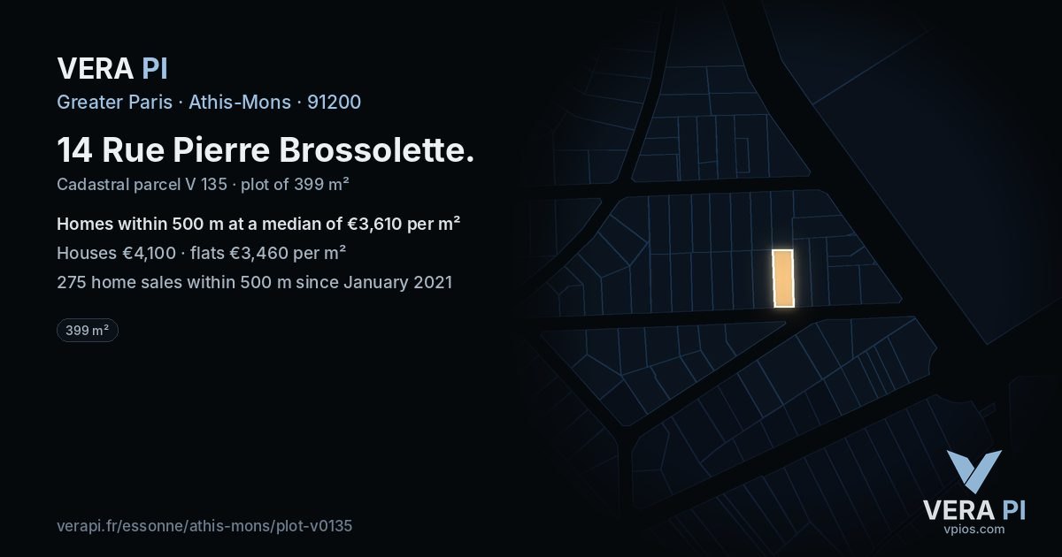 14 Rue Pierre Brossolette, Athis-Mons at night – the plot lit, the parcels around coloured by the prices near them