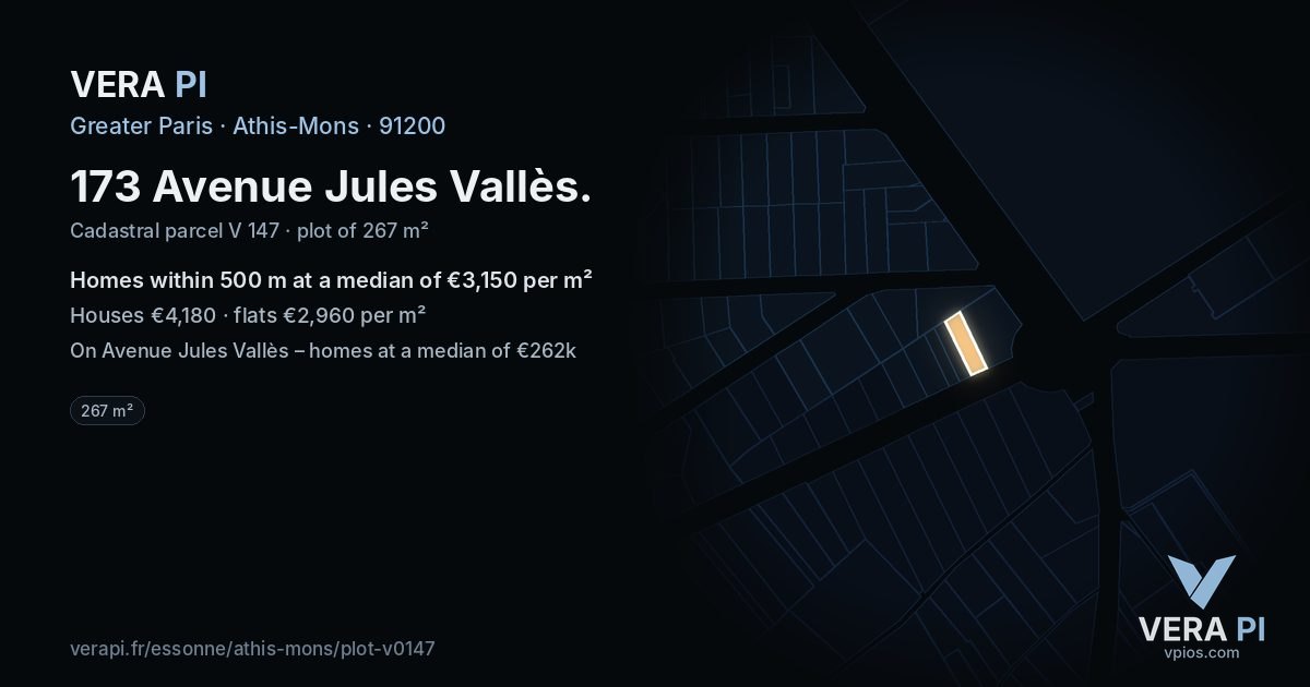 173 Avenue Jules Vallès, Athis-Mons at night – the plot lit, the parcels around coloured by the prices near them
