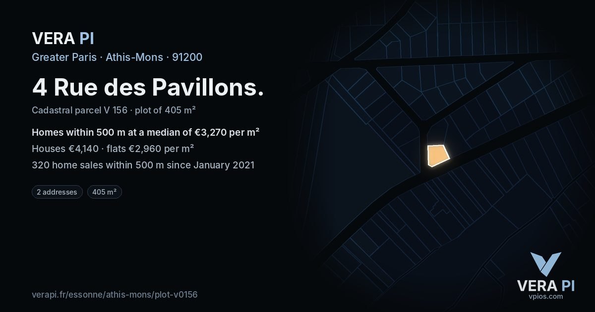 4 Rue des Pavillons, Athis-Mons at night – the plot lit, the parcels around coloured by the prices near them