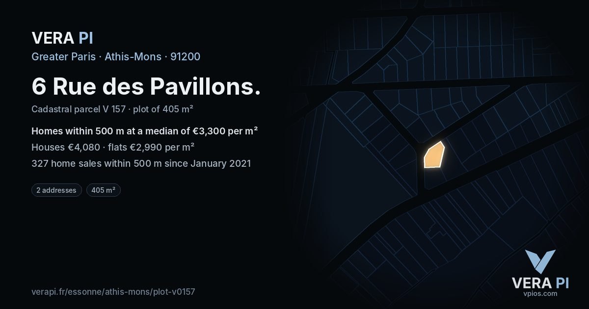 6 Rue des Pavillons, Athis-Mons at night – the plot lit, the parcels around coloured by the prices near them