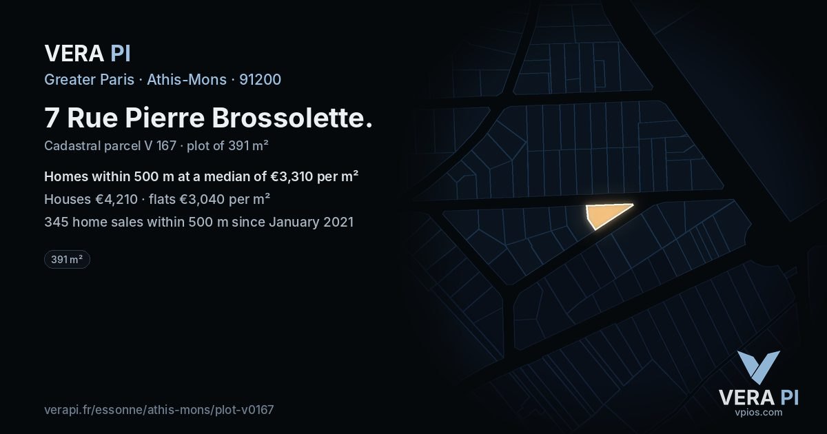 7 Rue Pierre Brossolette, Athis-Mons at night – the plot lit, the parcels around coloured by the prices near them
