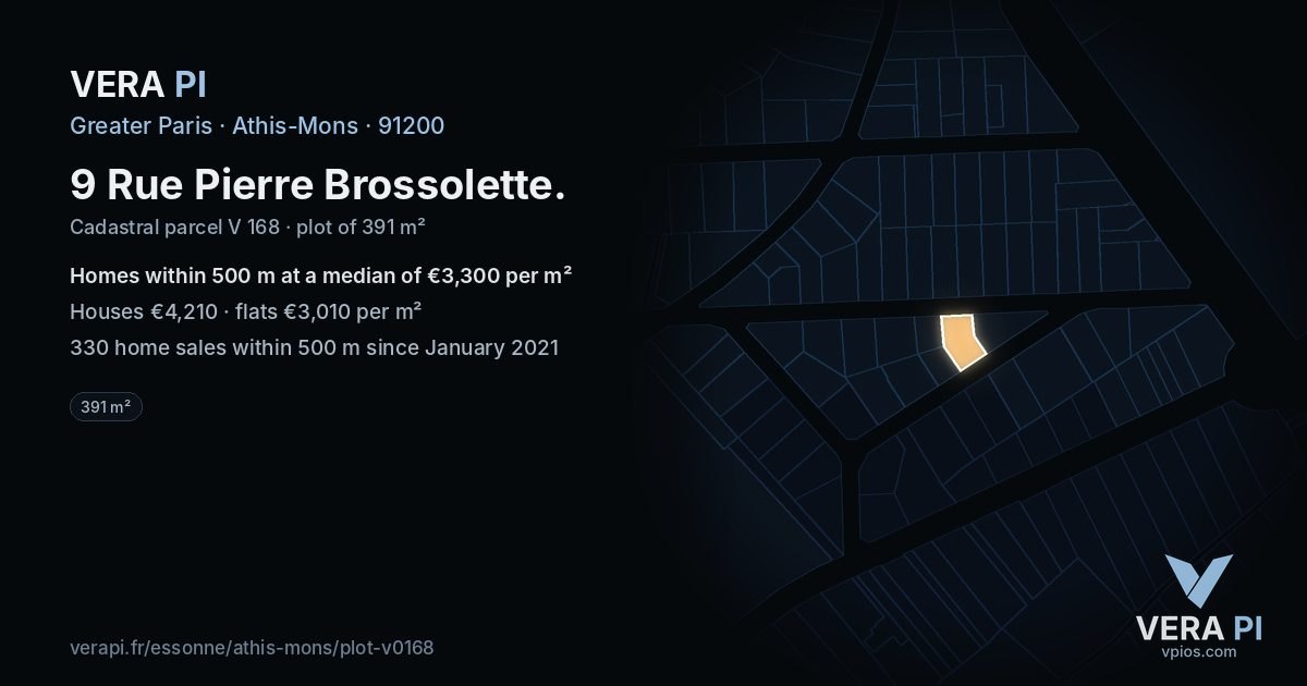9 Rue Pierre Brossolette, Athis-Mons at night – the plot lit, the parcels around coloured by the prices near them