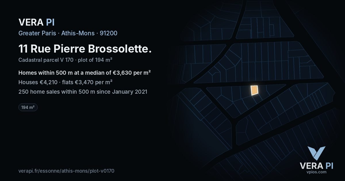 11 Rue Pierre Brossolette, Athis-Mons at night – the plot lit, the parcels around coloured by the prices near them