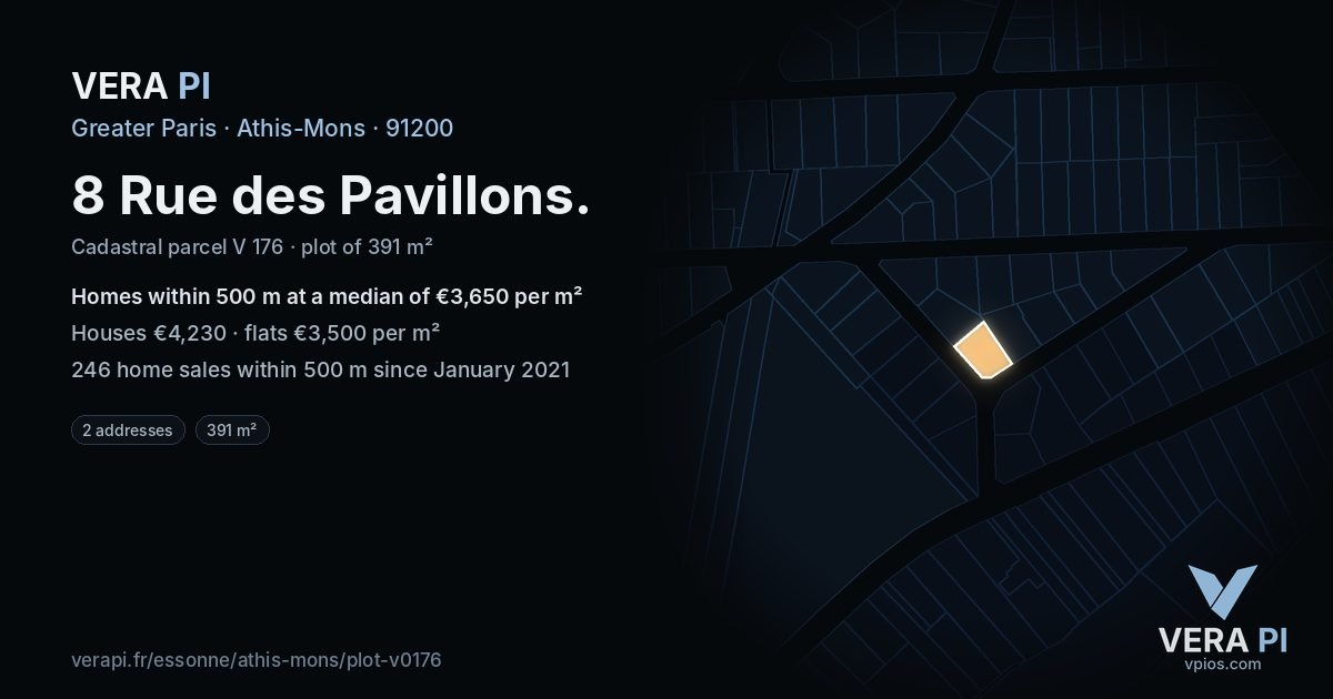 8 Rue des Pavillons, Athis-Mons at night – the plot lit, the parcels around coloured by the prices near them