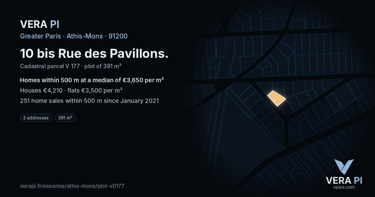 10 bis Rue des Pavillons, Athis-Mons at night – the plot lit, the parcels around coloured by the prices near them