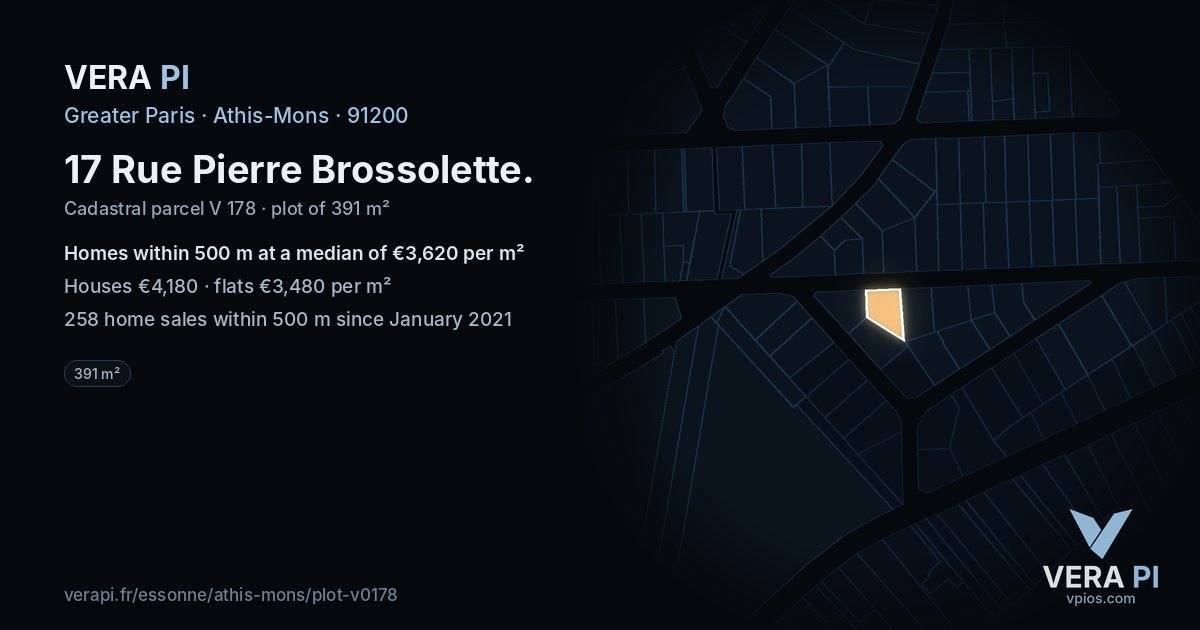 17 Rue Pierre Brossolette, Athis-Mons at night – the plot lit, the parcels around coloured by the prices near them