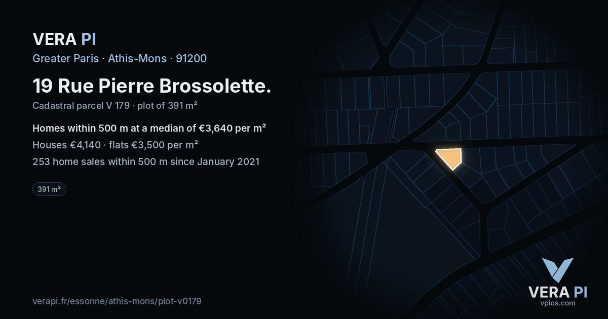 19 Rue Pierre Brossolette, Athis-Mons at night – the plot lit, the parcels around coloured by the prices near them