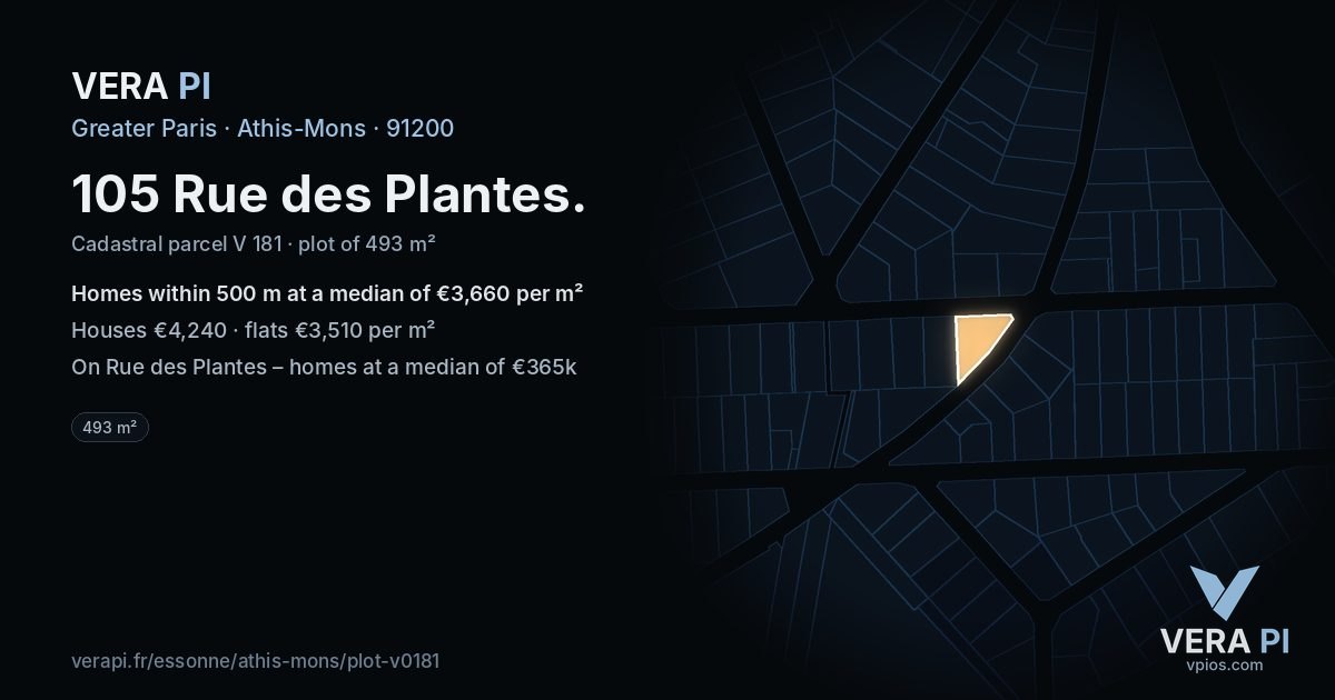 105 Rue des Plantes, Athis-Mons at night – the plot lit, the parcels around coloured by the prices near them