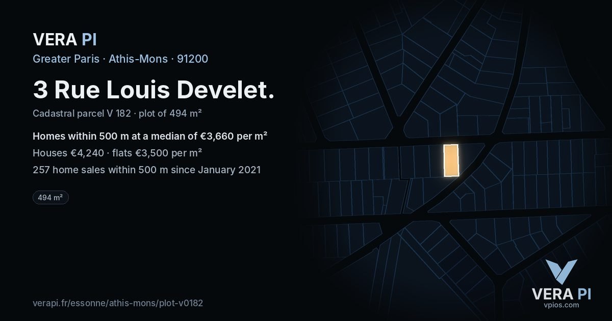 3 Rue Louis Develet, Athis-Mons at night – the plot lit, the parcels around coloured by the prices near them