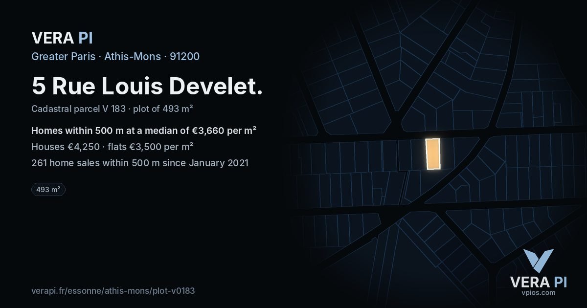5 Rue Louis Develet, Athis-Mons at night – the plot lit, the parcels around coloured by the prices near them