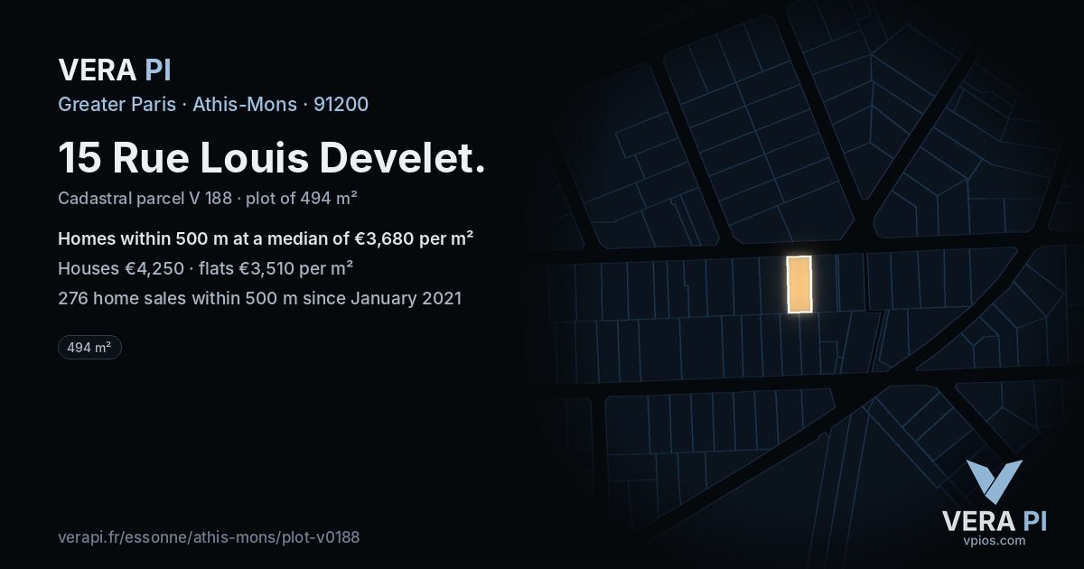 15 Rue Louis Develet, Athis-Mons at night – the plot lit, the parcels around coloured by the prices near them