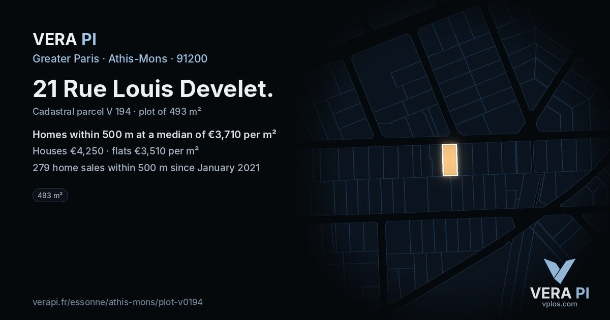 21 Rue Louis Develet, Athis-Mons at night – the plot lit, the parcels around coloured by the prices near them