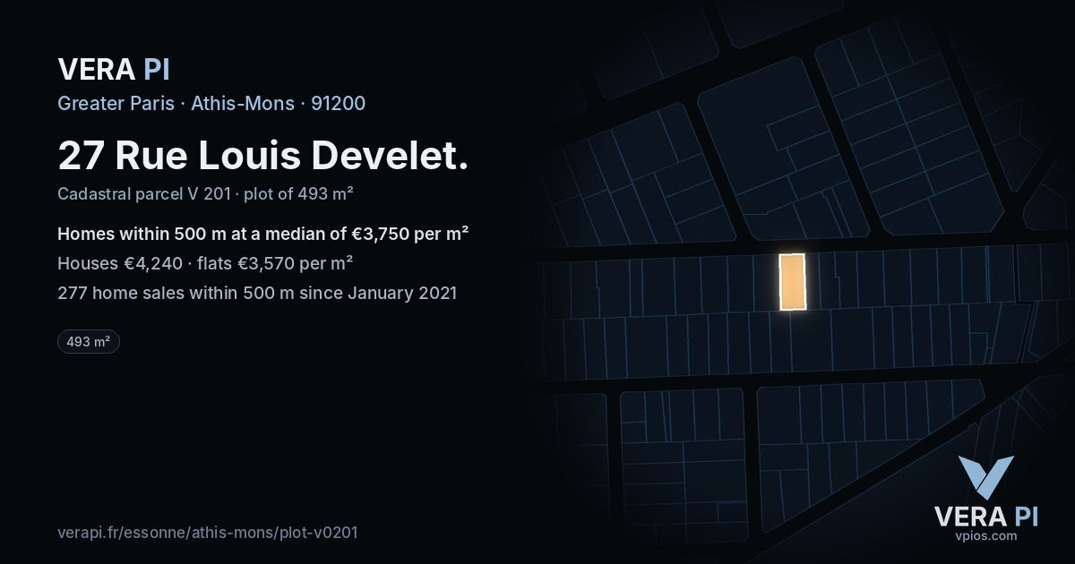 27 Rue Louis Develet, Athis-Mons at night – the plot lit, the parcels around coloured by the prices near them
