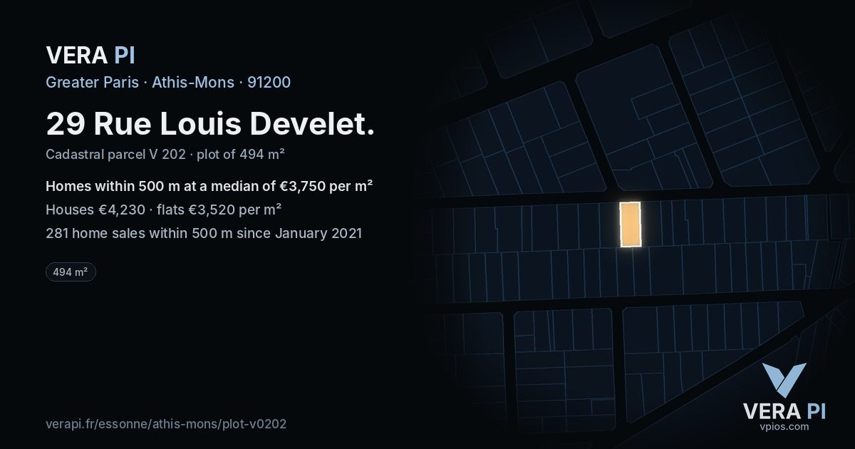 29 Rue Louis Develet, Athis-Mons at night – the plot lit, the parcels around coloured by the prices near them