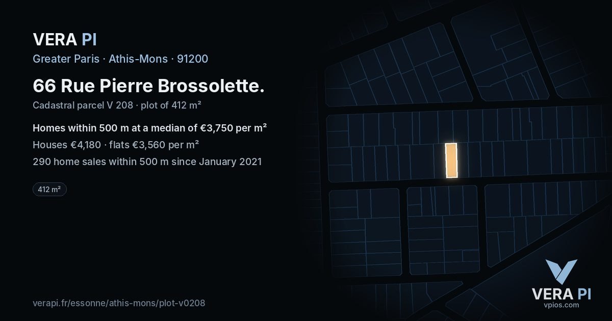 66 Rue Pierre Brossolette, Athis-Mons at night – the plot lit, the parcels around coloured by the prices near them