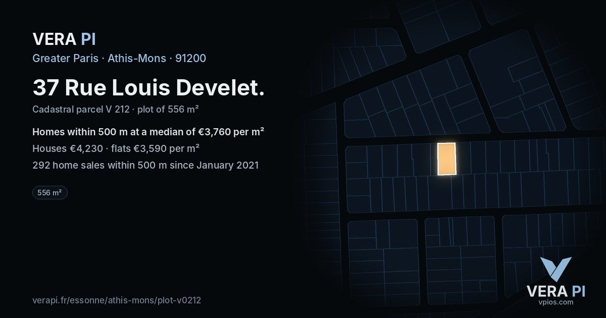 37 Rue Louis Develet, Athis-Mons at night – the plot lit, the parcels around coloured by the prices near them