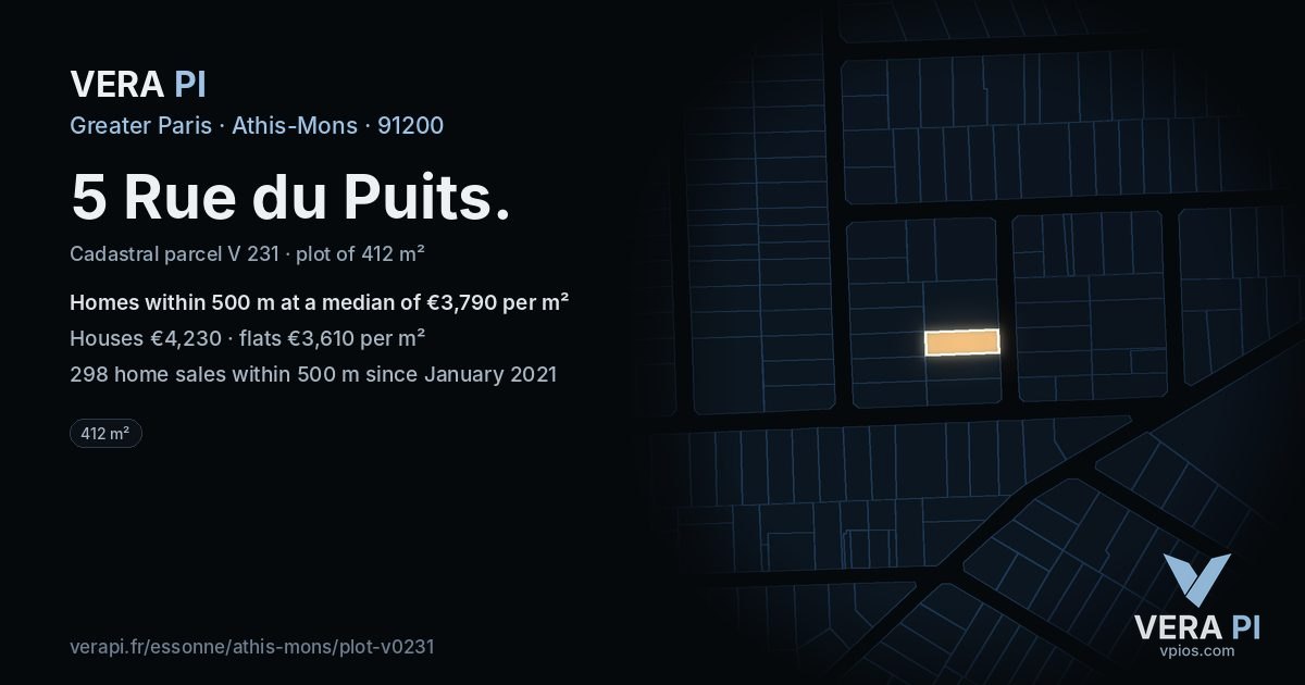 5 Rue du Puits, Athis-Mons at night – the plot lit, the parcels around coloured by the prices near them